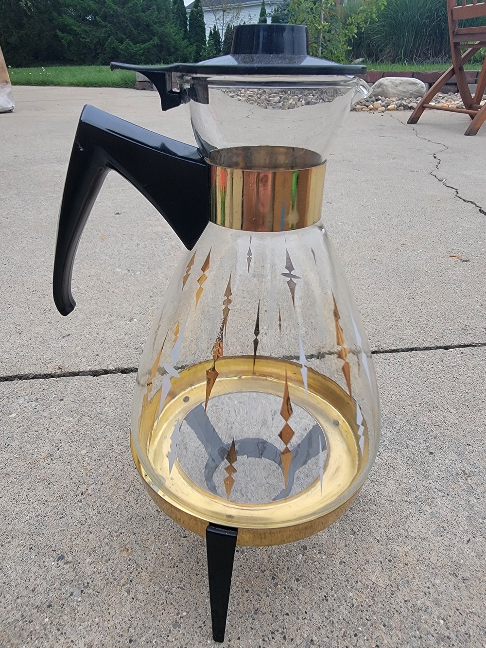 Vintage MCM Gold-Accent Glass Coffee Karafe With Stand
